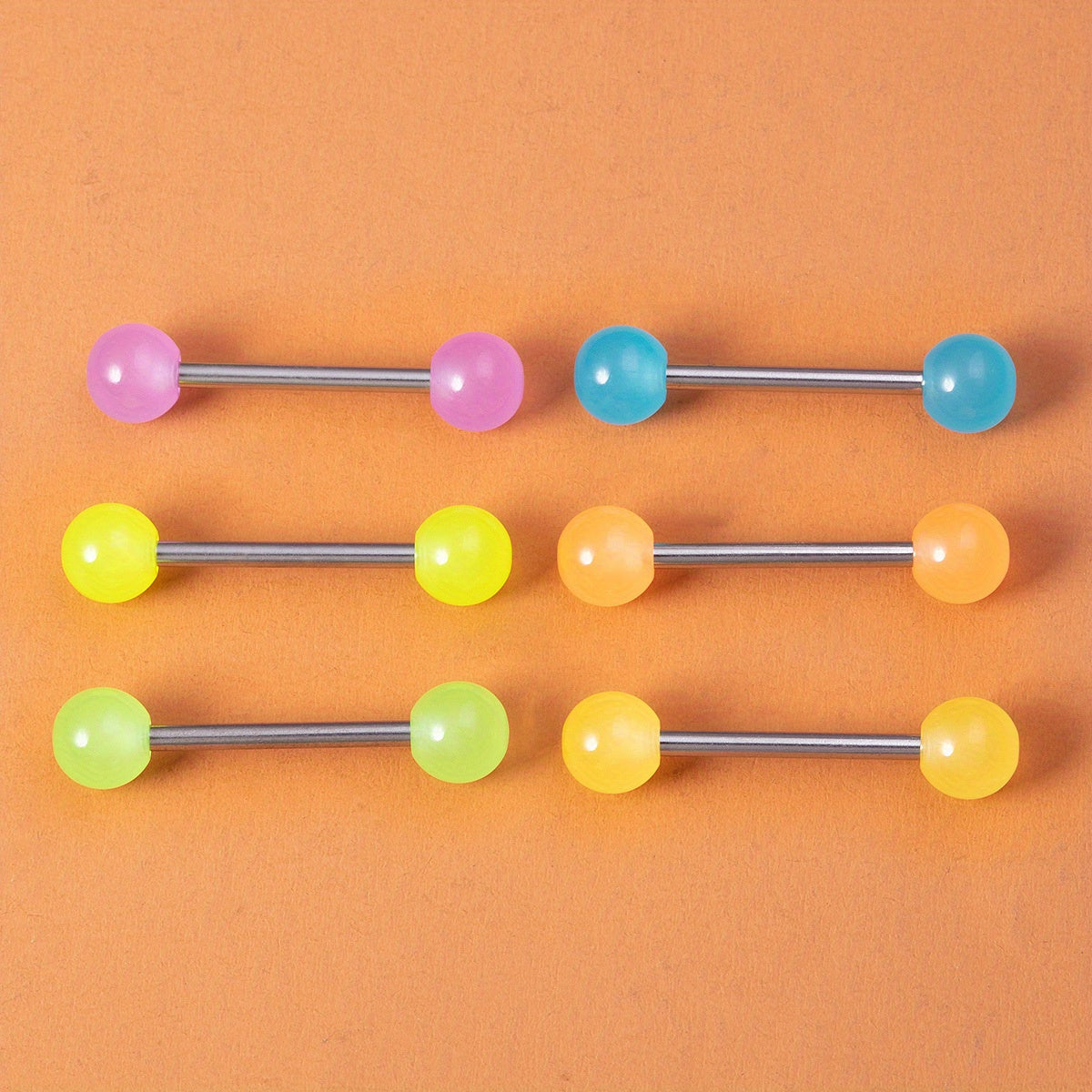 6 Pcs Glow In Dark Tongue Rings 14G Stainless Steel Bar Unisex 6mm Acrylic Ball