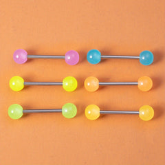6 Pcs Glow In Dark Tongue Rings 14G Stainless Steel Bar Unisex 6mm Acrylic Ball