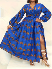  Leaf Print Lantern Sleeve Dress With Belt