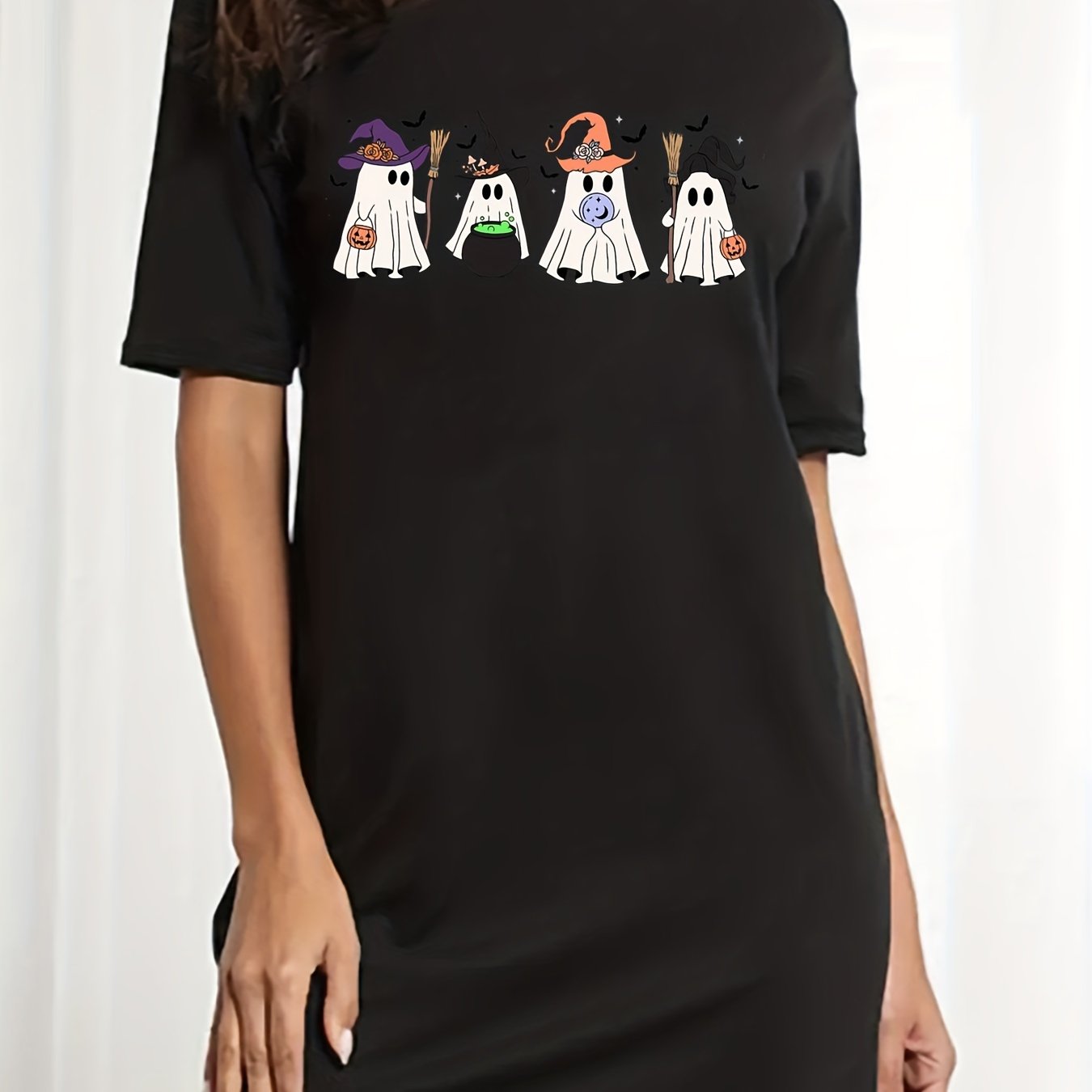 Women's Plus Ghost Print Short Sleeve Round Neck Tee Dress