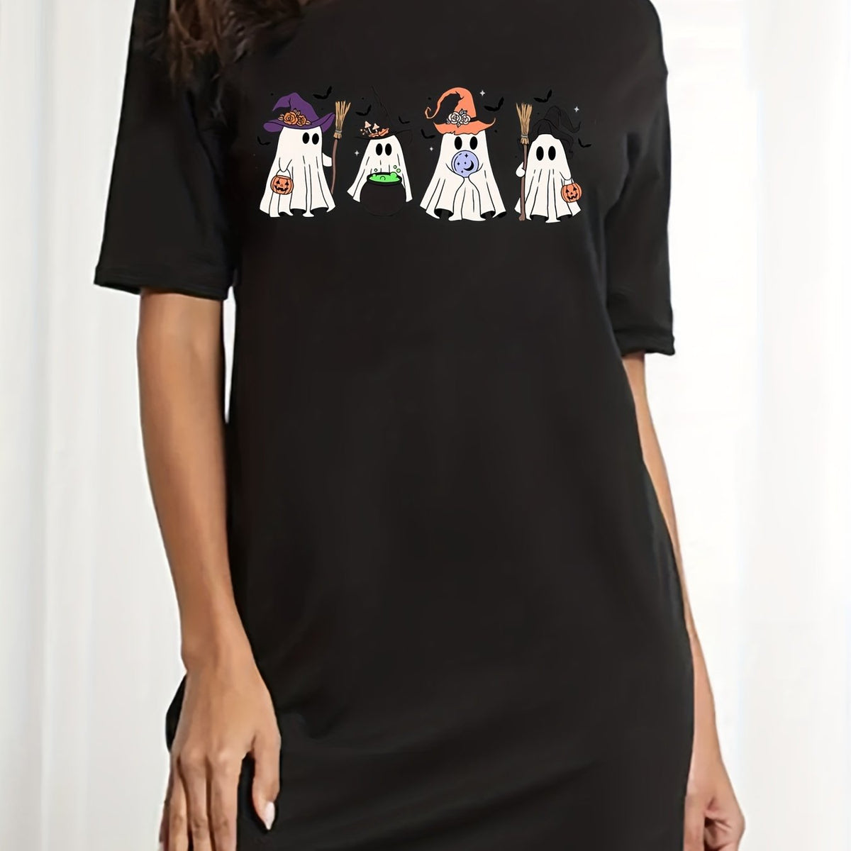 Women's Plus Ghost Print Short Sleeve Round Neck Tee Dress