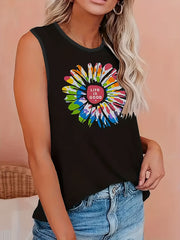  Sunflower Print Tank Top Round Neck Stretch Top