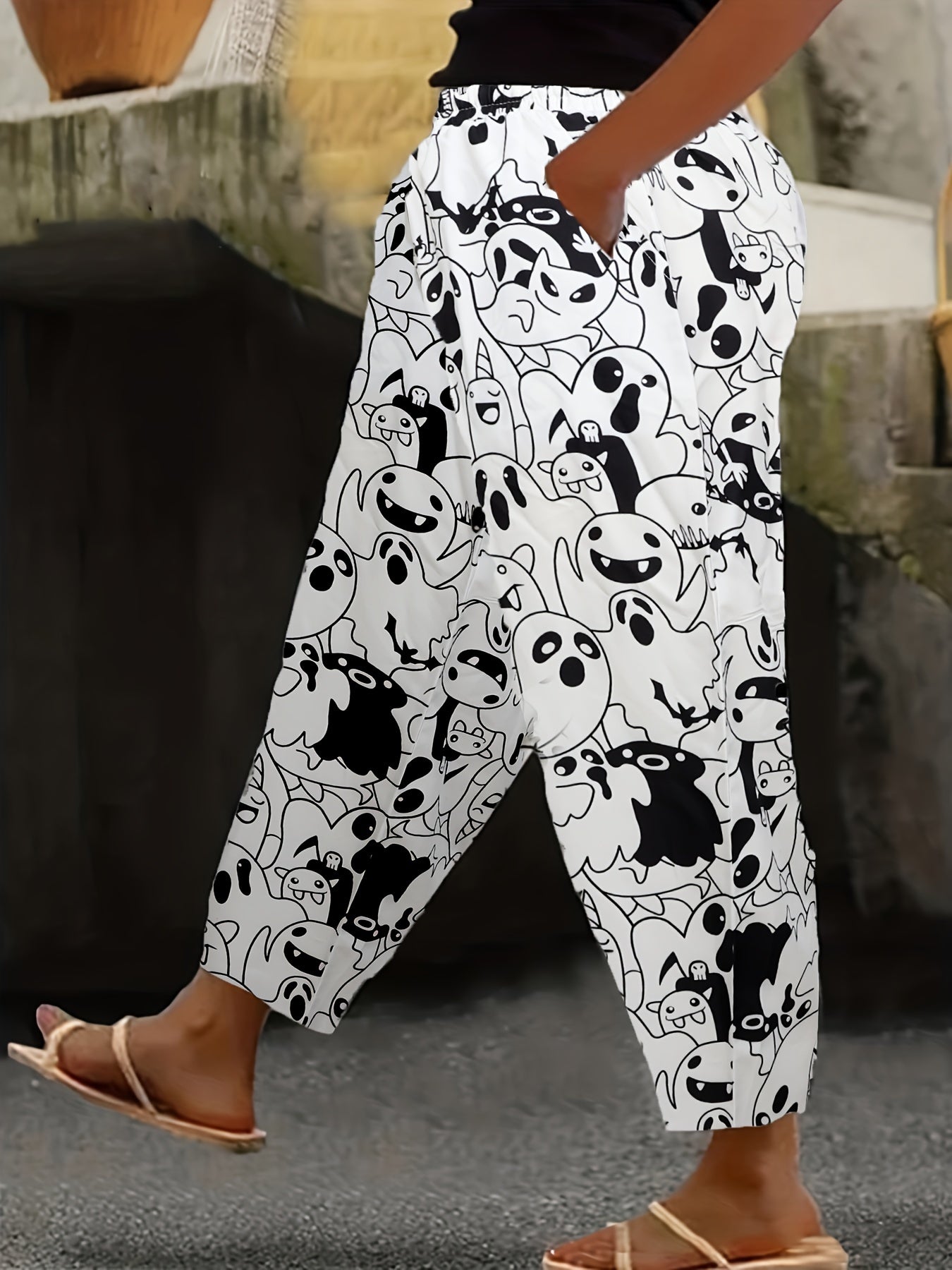  Ghost Print Elastic Drawstring High Rise Trousers