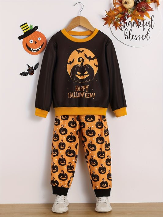 Toddler Boy's Pumpkin Pattern Outfit 2pcs Sweatshirt & Sweatpants Set