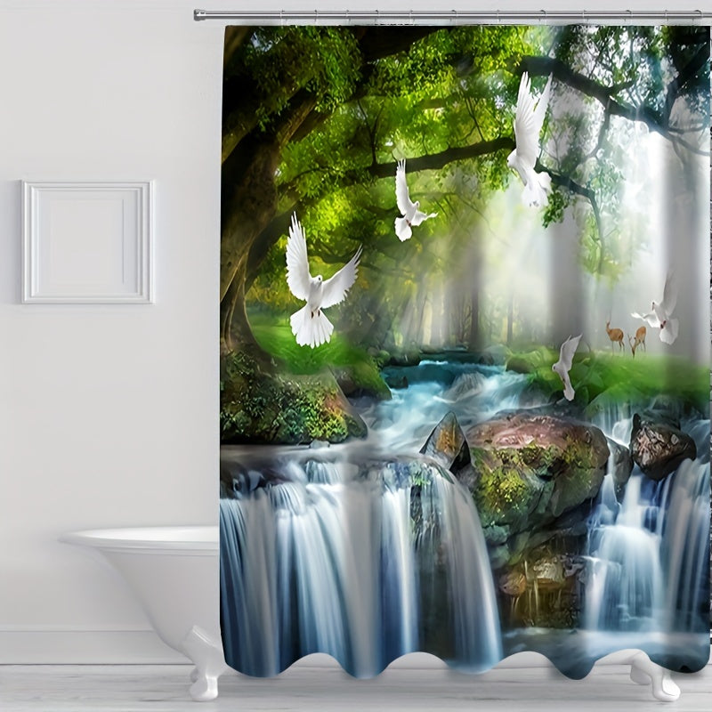 3pcs Pigeons Waterfall Landscape Shower Curtain Set