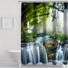 3pcs Pigeons Waterfall Landscape Shower Curtain Set