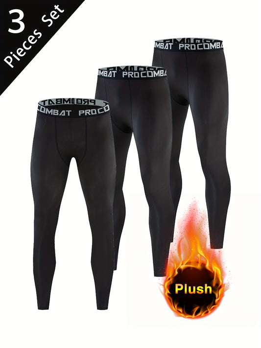 Men's Solid Sports PlushLeggings Active High Stretch Compression Pants