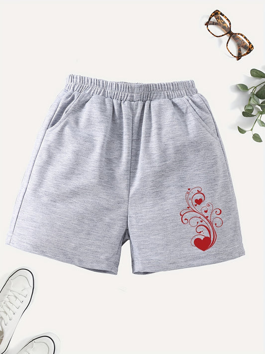 Girls' Casual Swirls & Heart Graphic Elastic Waist Shorts