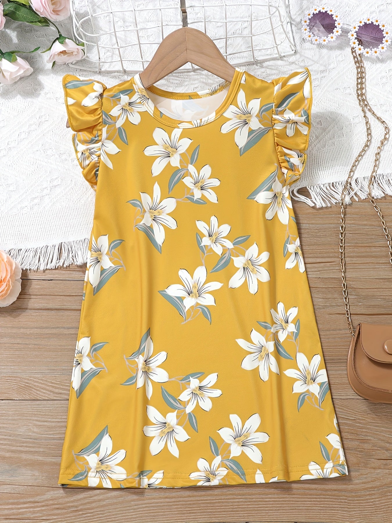 Girls Cat Pattern Flying Sleeve Round Neck Casual Vacation Dress