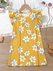 Girls Cat Pattern Flying Sleeve Round Neck Casual Vacation Dress
