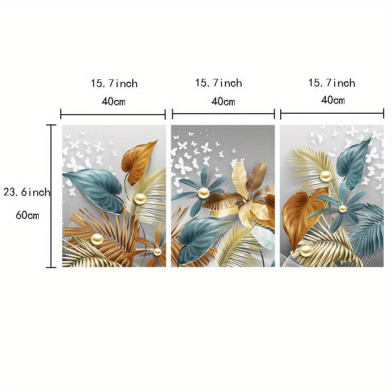 3pcs Butterfly Golden Leaves Canvas Wall Art