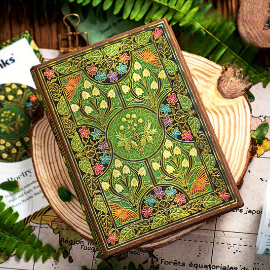 Vintage Botanical Notebook with Golden Butterfly Motif and Green Foliage