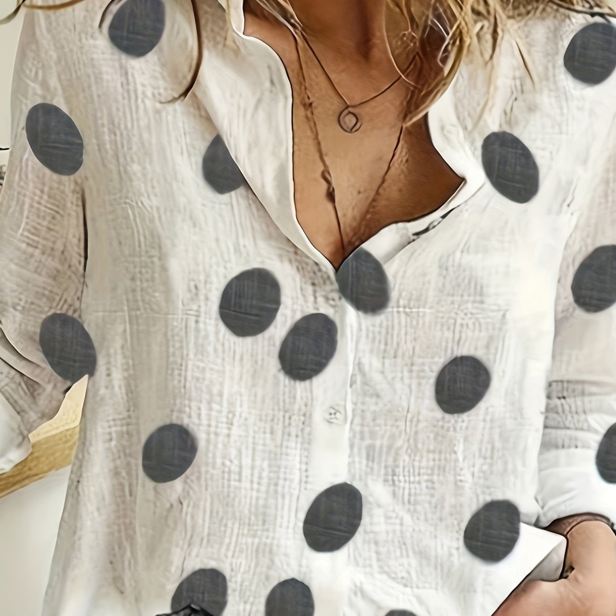  Dot Print Button Up Blouse Long Sleeve