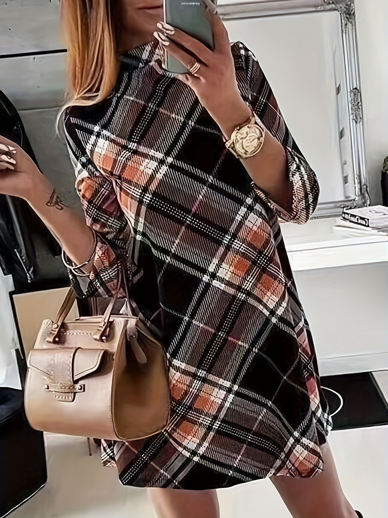  Plaid Print Half Sleeve Mock Neck Mini Dress