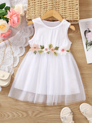 Girls Flower Decor Sleeveless Mesh Princess Dress Summer Kids Clothes