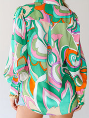  Colorblock Print Button Up Lantern Sleeve Blouse