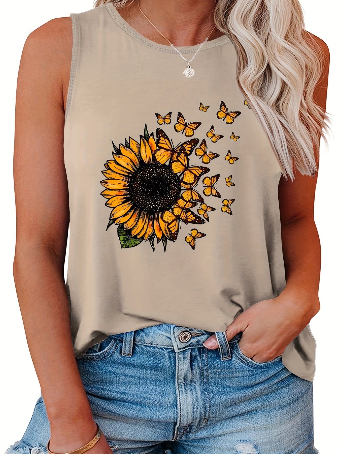  Sunflower Print Tank Top Round Neck Casual Tank