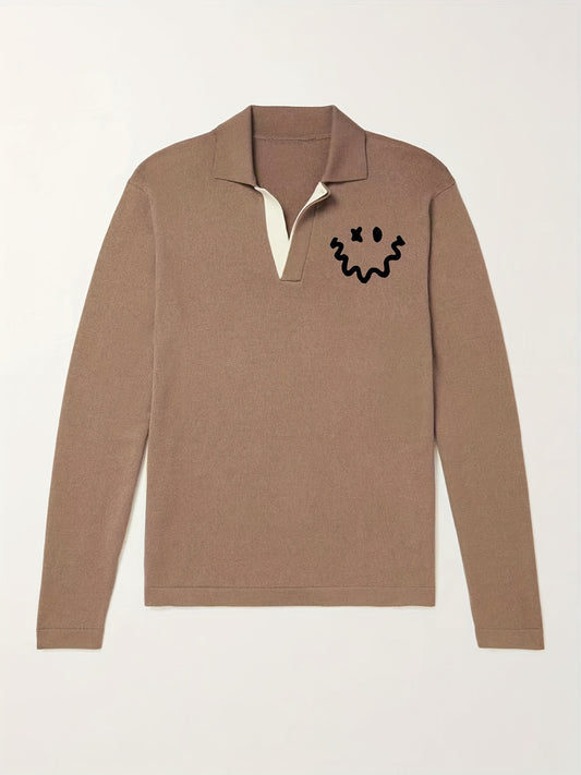 Cartoon Smile Face Pattern Knit Polo Shirt Men's Casual V Neck Pullover Sweater