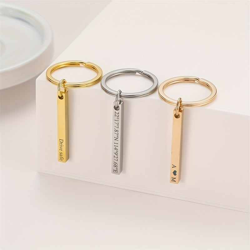 Custom 3D Bar Keychain For Men Stainless Steel Four Side Coordinates Keyring