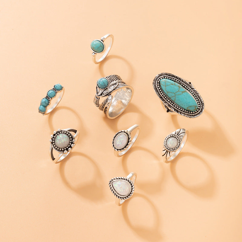 Vintage Turquoise Feather Ring Set 8pcs