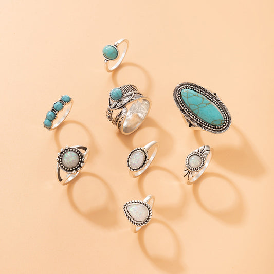 Vintage Turquoise Feather Ring Set 8pcs