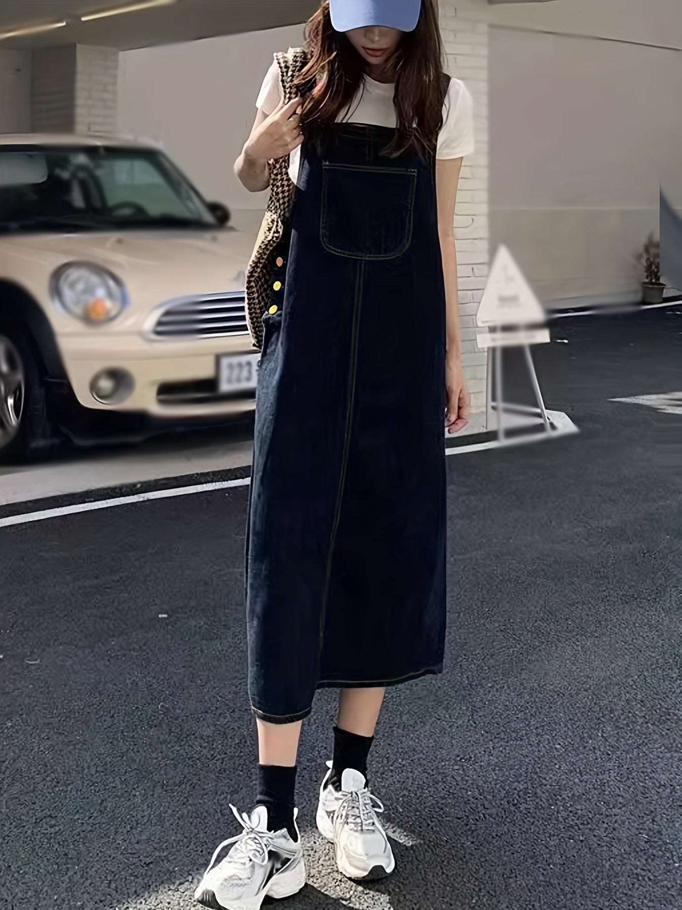 Denim Overall Dress with Patch Pockets