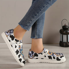 Women's Cow & Sunflower Print Canvas Lace Up Flat Outdoor Shoes