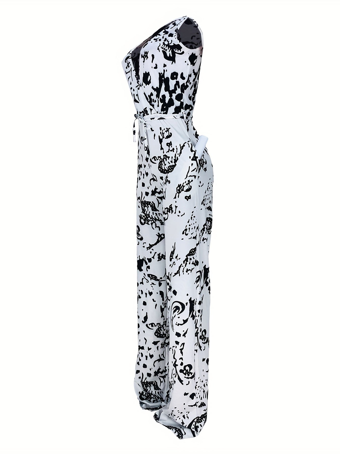 Abstract Print Surplice Neck Jumpsuit Sexy Sleeveless Drawstring Jumpsuit