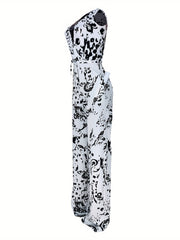 Abstract Print Surplice Neck Jumpsuit Sexy Sleeveless Drawstring Jumpsuit