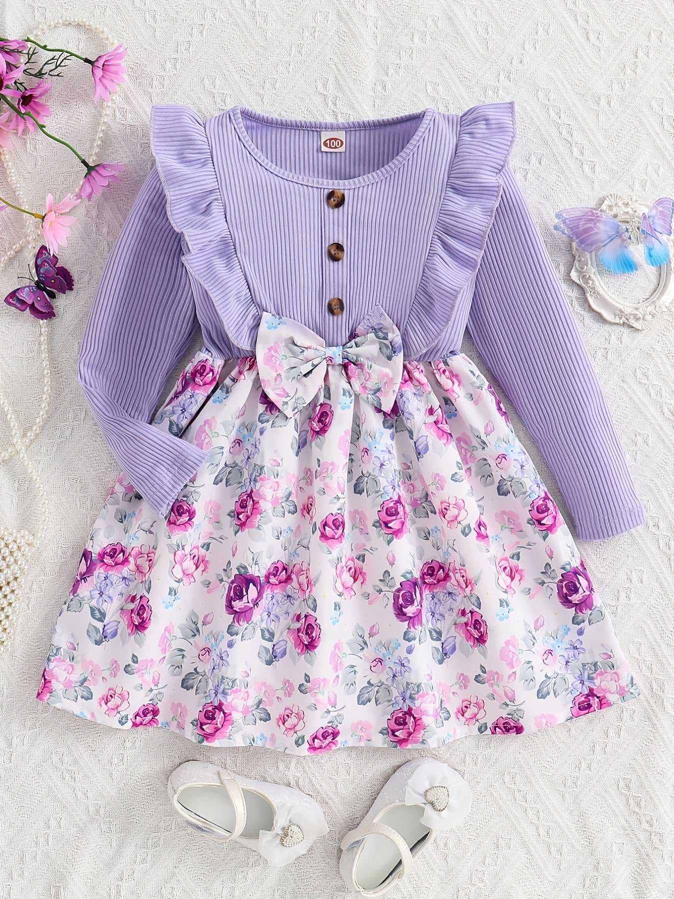 Girls Purple Flowers Print Long Sleeve Casual Dress