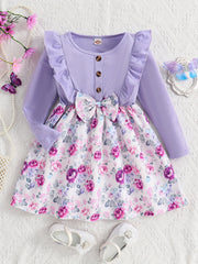 Girls Purple Flowers Print Long Sleeve Casual Dress