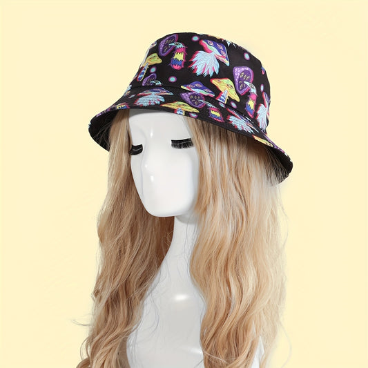Mushroom Print Reversible Bucket Hat Vintage Sunscreen Basin Hat
