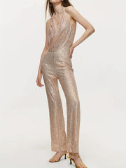 Glitter Sequined Backless Halter Neck Jumpsuit Sexy Jumpsuit