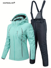Windproof Snowflake Print Ski Set Hooded Jacket & Suspender Trouser Ski Suit
