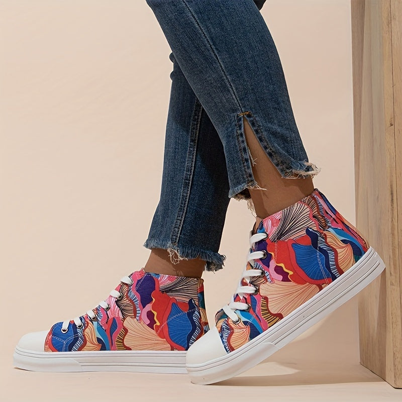 Women's Printed Canvas Mid Top Lace Up Sneakers Lightweight Shoes