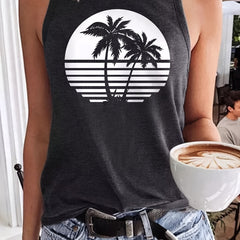 Coconut Tree Print Tank Top Crew Neck Summer Sleeveless Tank