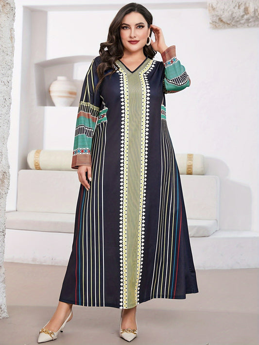  Geometric & Stripe Print Abaya Dress Long Sleeve Maxi Jalabiya