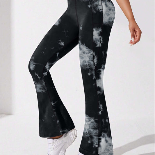 Tie Dye Yoga Pants High Waist Flared Leg with Pocket Outdoor Sports Trousers