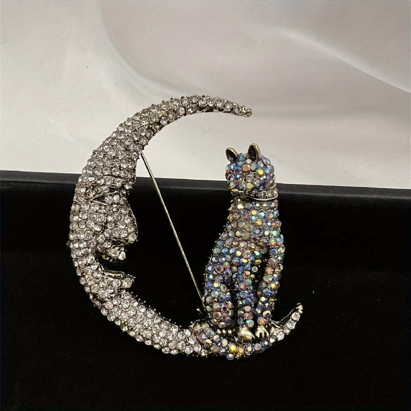 Glitter Moon Cat Brooch for Men Rhinestone Pets Party Office