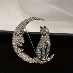 Glitter Moon Cat Brooch for Men Rhinestone Pets Party Office