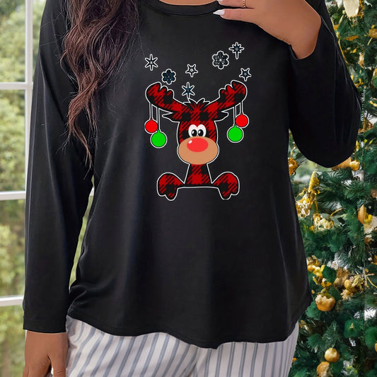  Christmas Elk Print Long Sleeve Pajama Top