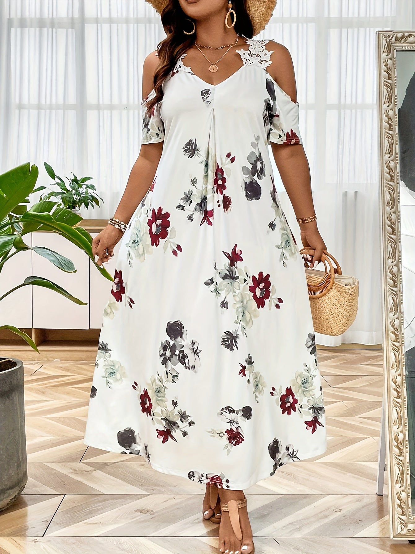  Floral Print Lace Cold Shoulder Maxi Dress