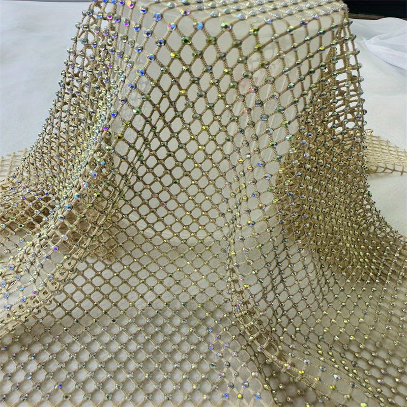 Golden Shadow Rhinestones Mesh Applique Fabric Elastic Crystal Trim