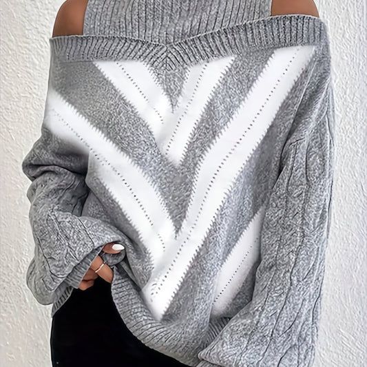  Geometric Print Cold Shoulder Sweater