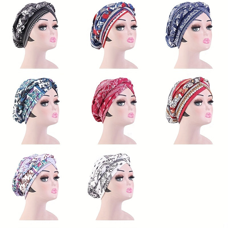 Boho Print Braided Turban Cap Vintage Pre-tied Bonnet Head Wrap Head Scarf