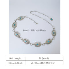 Turquoise Chain Waist Belt Silver Cowgirl Western Oval Tripe Belts