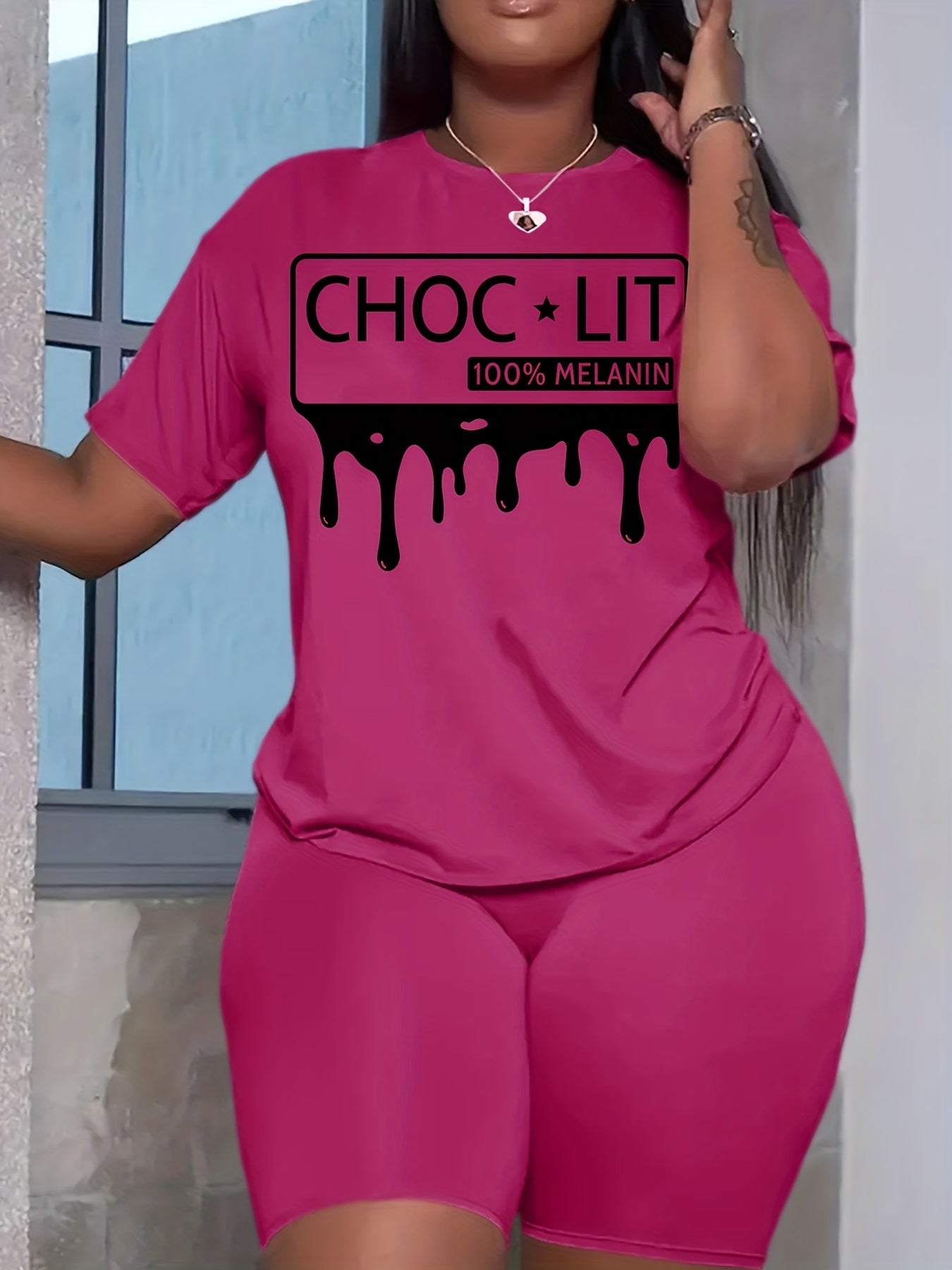 Letter Print Matching Set Short Sleeve T shirt & Biker Shorts