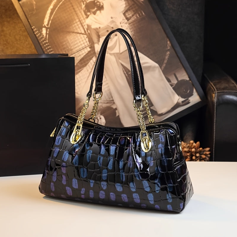 Vintage Crocodile Pattern Shoulder Bag with Detachable Strap