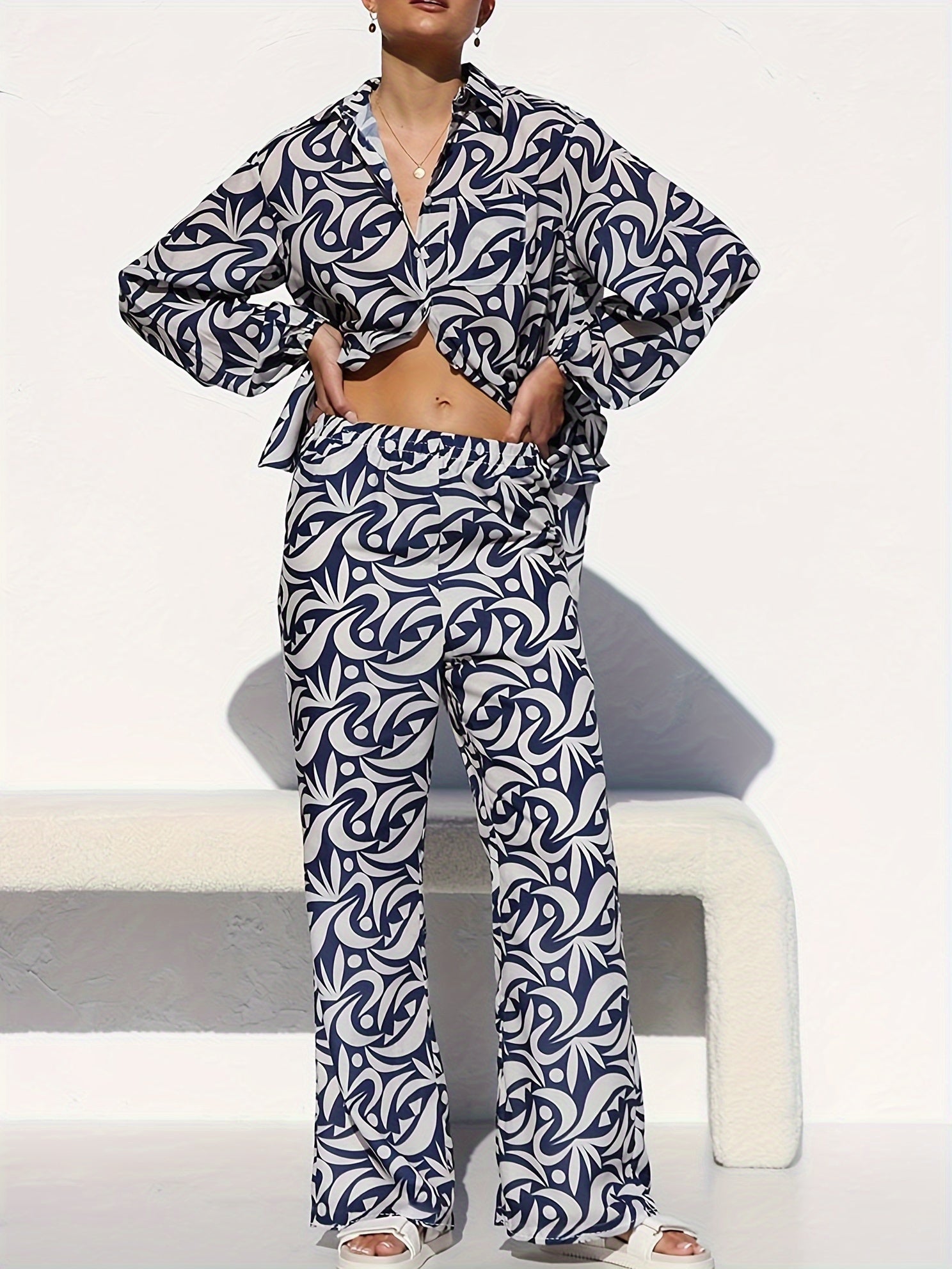  Allover Print Blouse & Pants 2 Piece Set