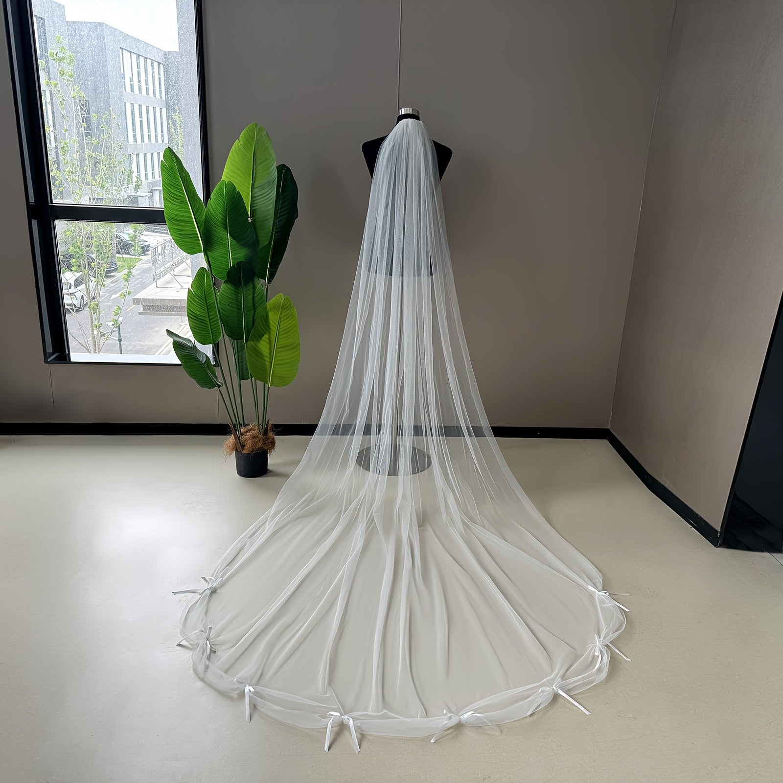 V-Shaped Bridal Veil with Ruffled Edges & Tulle Overlay